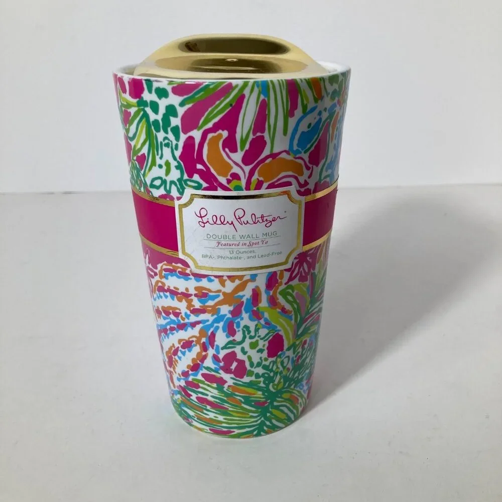 Womens Lilly Pulitzer Spot Ya Double Wall Floral Coffee Mug w Lid 13oz NWT‎